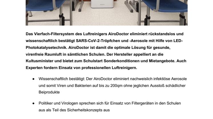 AiroDoctor® PDF Sicherer Schulalltag trotz Corona - effektive Lösung durch professionelle Raumluftreinigung