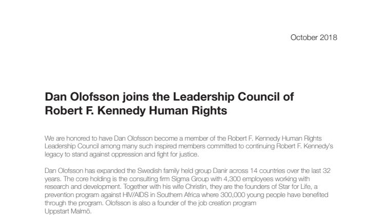 Dan Olofsson joins the Leadership Council of Robert F. Kennedy Human Rights