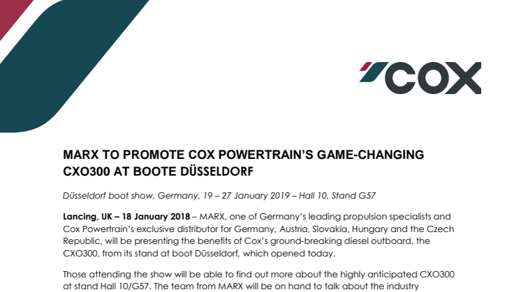 Cox Powertrain: MARX to Promote Cox Powertrain's Game-Changing CXO300 at Boot Düsseldorf