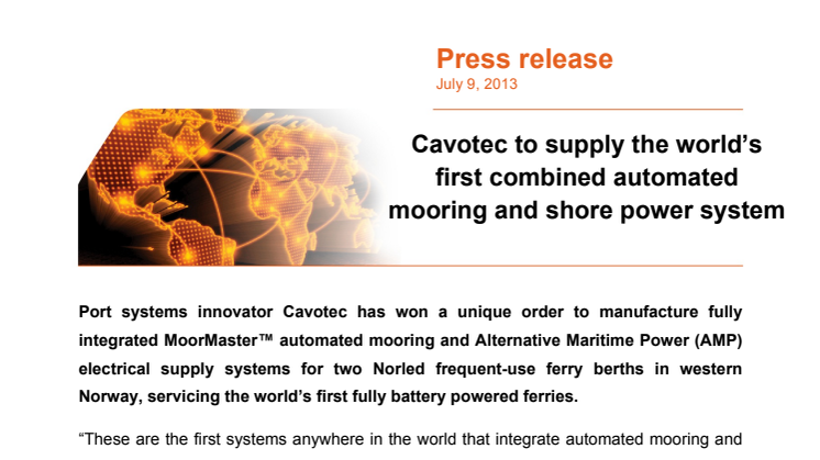 Cavotec to supply the world’s first combined automated mooring and shore power system