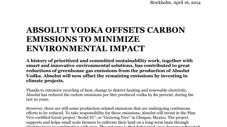 ABSOLUT VODKA OFFSETS CARBON EMISSIONS TO MINIMIZE ENVIRONMENTAL IMPACT