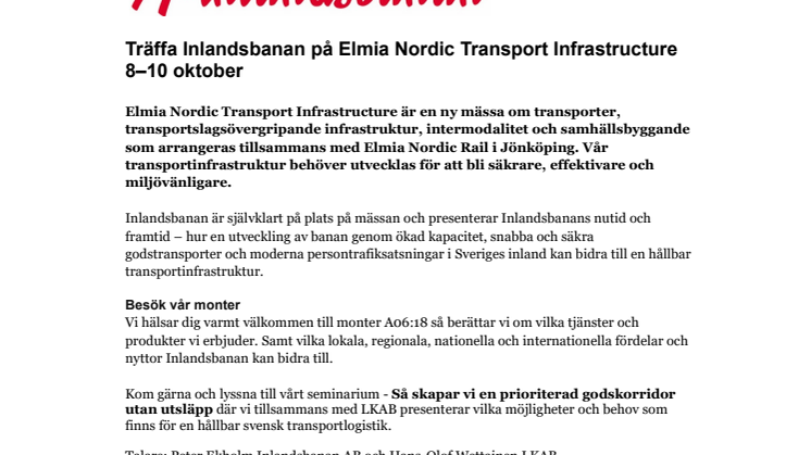 Träffa Inlandsbanan på Elmia Nordic Transport Infrastructure 8–10 oktober