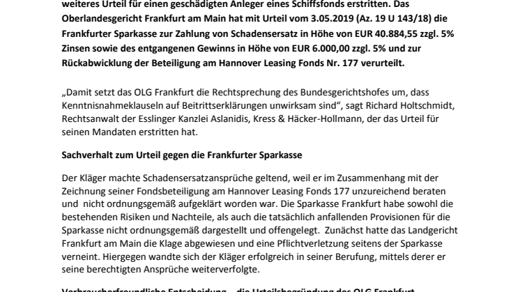 OLG Frankfurt verurteilt Frankfurter Sparkasse zu Schadensersatz und Rückabwicklung einer Beteiligung am Hannover Leasing Fonds Nr. 177