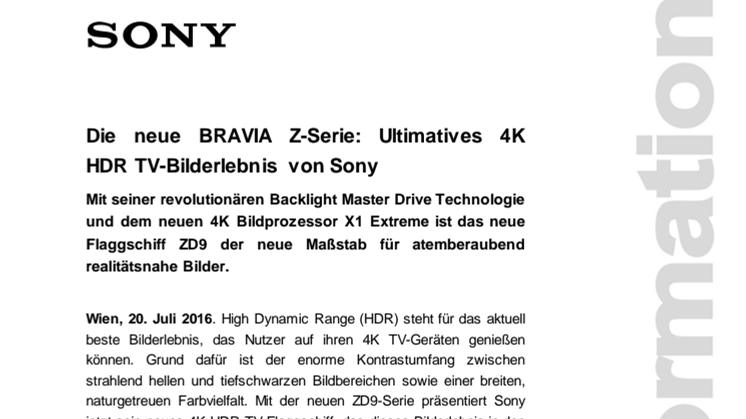 Die neue BRAVIA Z-Serie: Ultimatives 4K HDR TV-Bilderlebnis von Sony