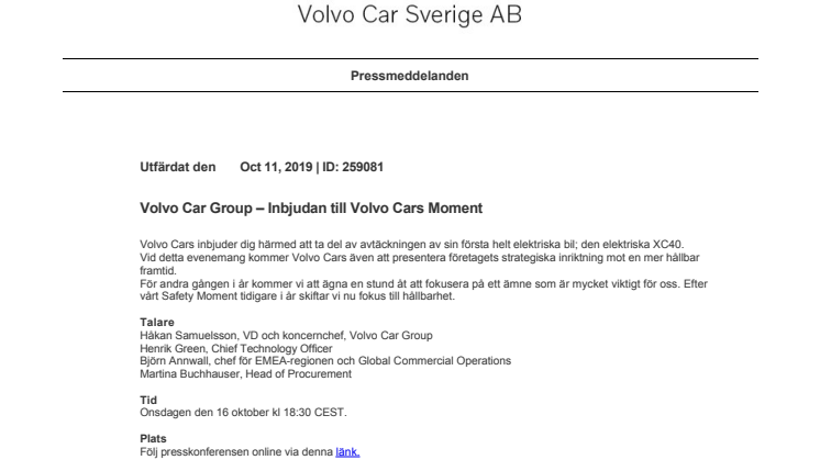 Volvo Car Group – Inbjudan till Volvo Cars Moment
