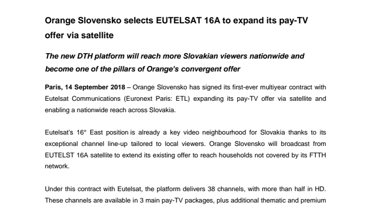 ​Orange Slovensko selects EUTELSAT 16A to expand its pay-TV offer via satellite