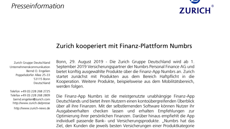 Zurich kooperiert mit Finanz-Plattform Numbrs