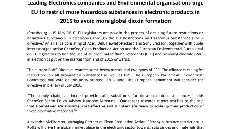 Leading Electronics companies and Environmental organisations urge EU to restrict more hazardous substances in electronic products in 2015 to avoid more global dioxin formation