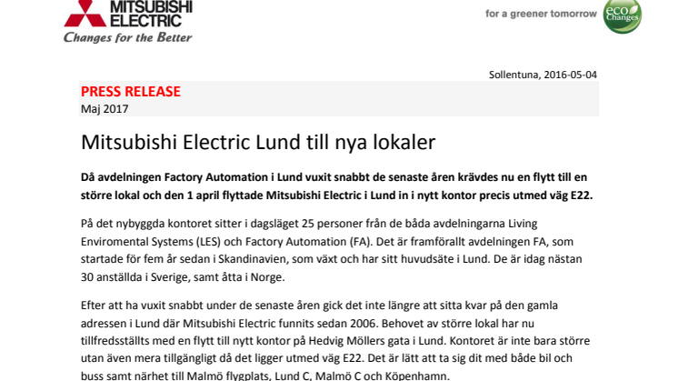 Mitsubishi Electric Lund till nya lokaler