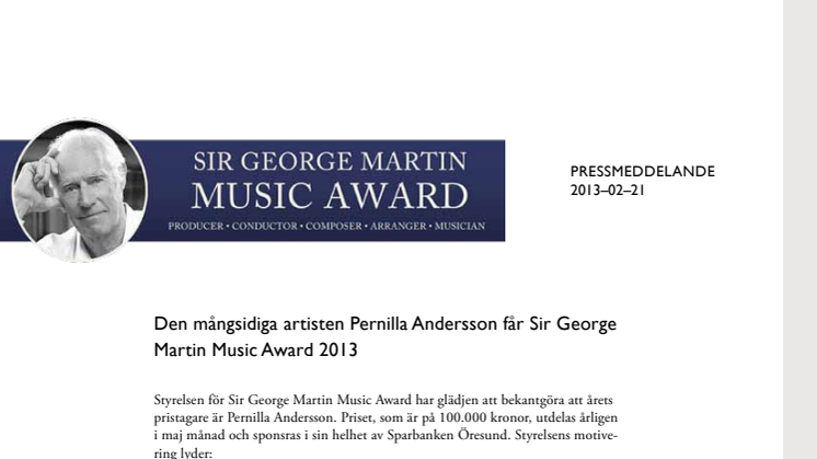 Pernilla Andersson får Sir George Martin Music Award 2013