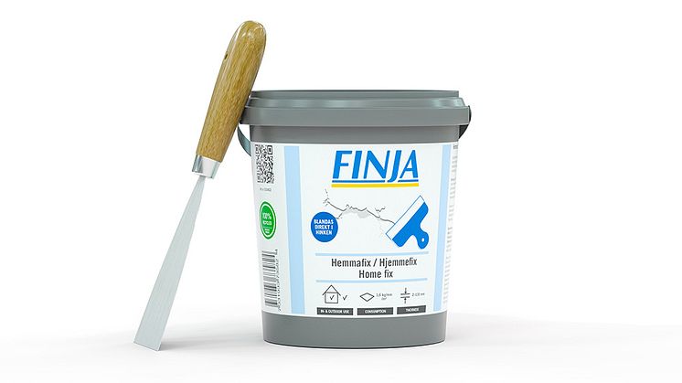 Finja Hjemmefix, en ny reparasjonsmørtel som kan blandes direkte i bøtta.