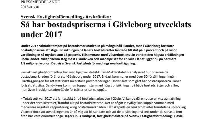 Svensk Fastighetsförmedlings årskrönika: Så har bostadspriserna i Gävleborg utvecklats under 2017