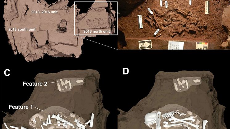 Image of two burial features discovered in the Dinaledi Chamber, Rising Star Cave South Africa, Images from Berger et al., 2023.