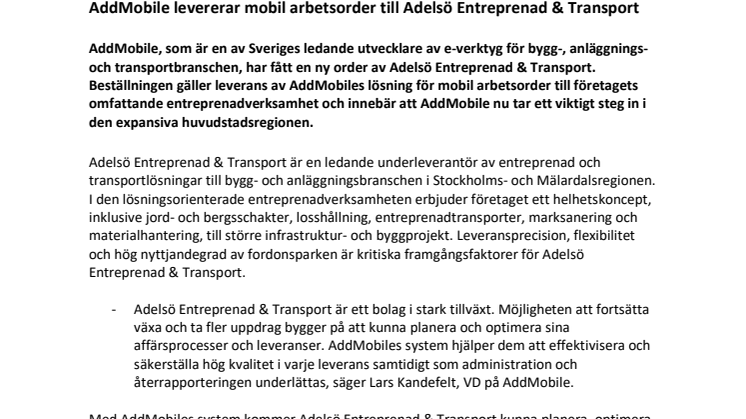 AddMobile levererar mobil arbetsorder till Adelsö Entreprenad & Transport
