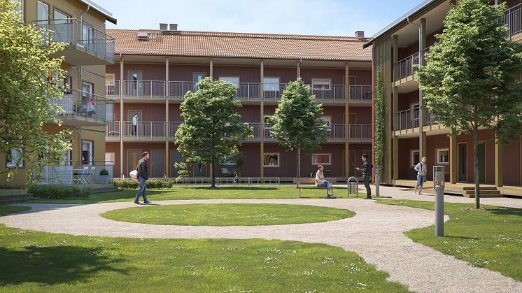 Illustration av lägenhetshusen i BoKlok Svärdet i södra Hemlingby, med innergård och grönskande loftgångar. 