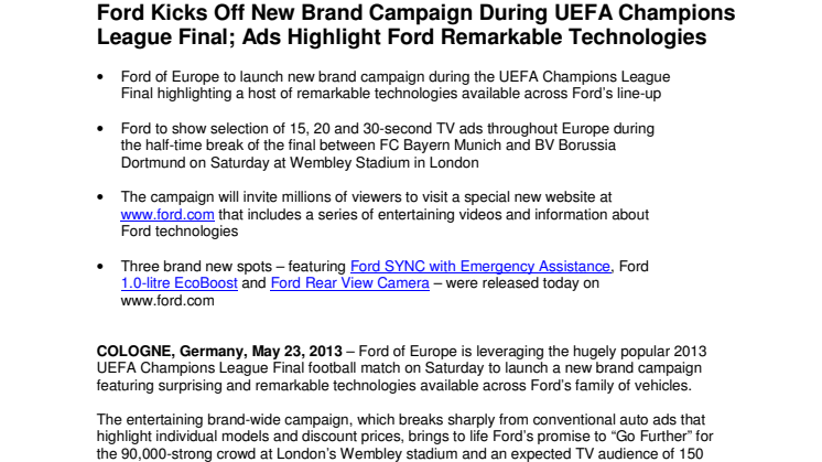 Ford Kicks Off New Brand Campaign During UEFA Champions League Final; Ads Highlight Ford Remarkable Technologies