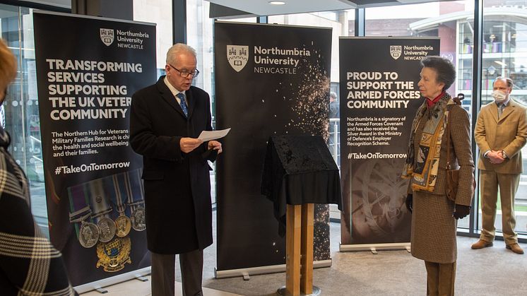 HRH Veteran Hub visit - Professor Andrew Wathey CBE, Vice-Chancellor and Chief Executive of Northumbria University says a few words of thanks and invites HRH The Princess Royal to unveil a plaque commemorating the visit.