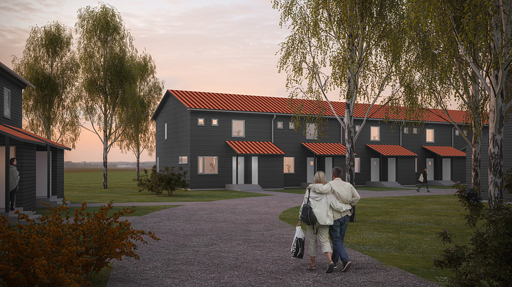 Visionsbild från våra kommande radhus i Gårdsten. Här blir både en- och tvåplanshus.