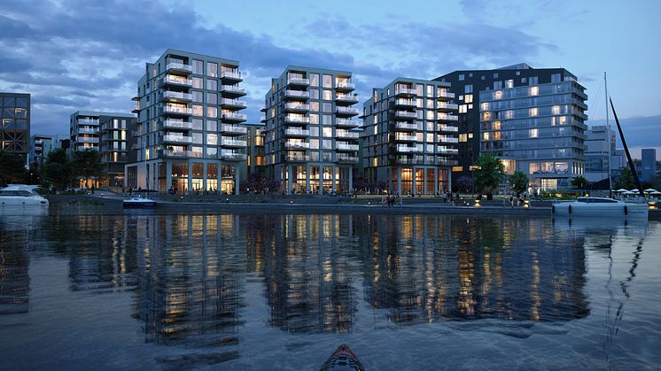 Verket Brygge med boliger og hotell til høyre i bilde. illustrasjon: Eve images