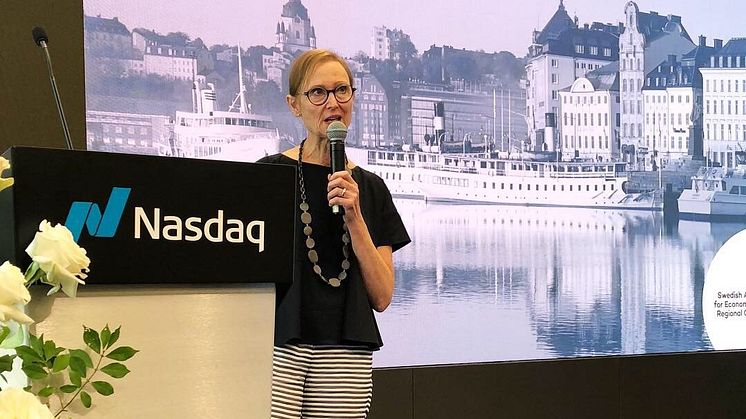 Tillväxtverkets generaldirektör Gunilla Nordlöf höll ett anförande när de tio startupbolagen  deltog i en konferens på teknikbörsen Nasdaq under Startup-Swedens acceleratorprogram på Innovate46 i New York, USA.