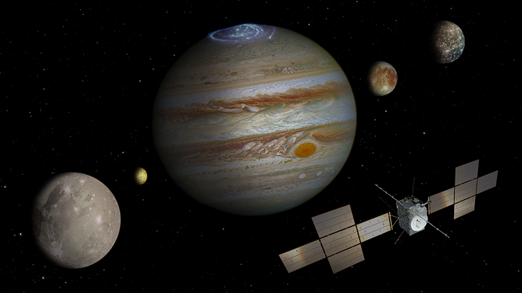 spacecraft: ESA:ATG medialab; Jupiter: NASA:ESA:J. Nichols (University of Leicester); Ganymede: NASA:JPL; Io: NASA:JPL:University of Arizona; Callisto and Europa: NASA:JPL:DLR