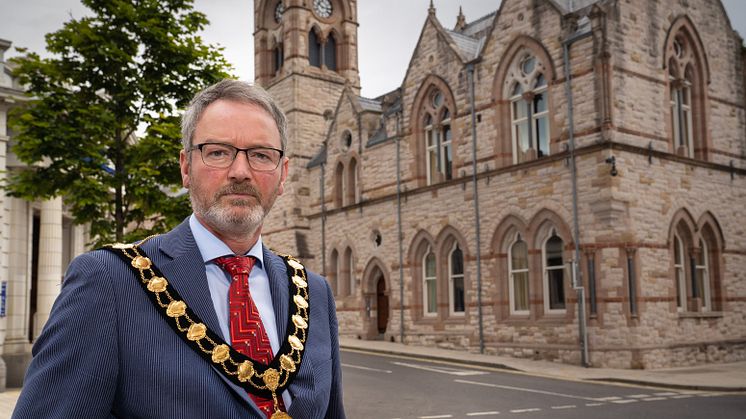Pictured is Mayor of Mid and East Antrim Councillor William McCaughey outside Larne Town Hall.