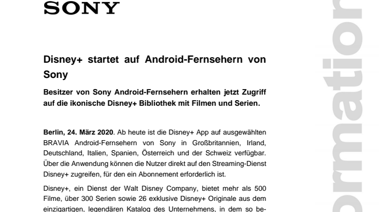 Disney+ startet auf Android-Fernsehern von Sony