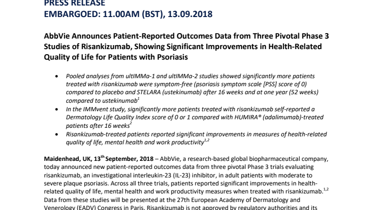 AbbVie Announces Patient-Reported Outcomes Data from Three Pivotal Phase 3 Studies of Risankizumab, Showing Significant Improvements in Health-Related Quality of Life for Patients with Psoriasis
