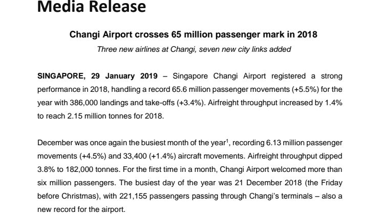 Changi Airport crosses 65 million passenger mark in 2018