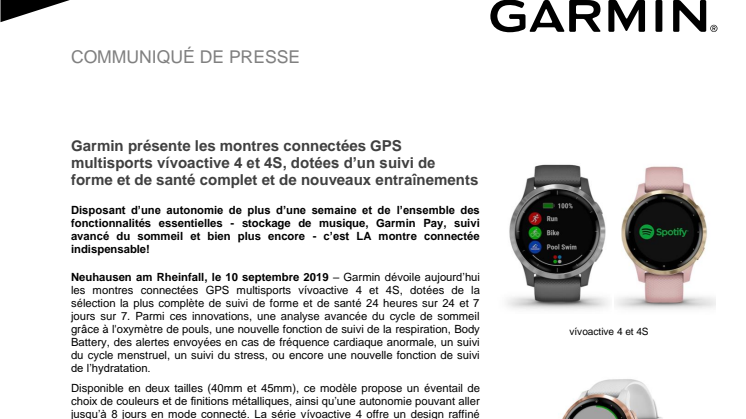 Garmin présente les montres connectées GPS multisports vívoactive 4 et 4S, dotées d’un suivi de forme et de santé complet et de nouveaux entraînements