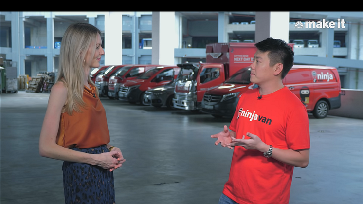 Ninja Van CEO Lai Chang Wen being interviewed by CNBC Make It's Karen Gilchrist