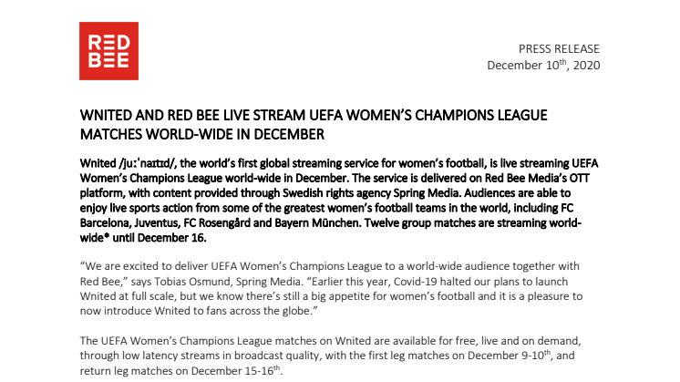 Wnited and Red Bee Live Stream UEFA Women's Champions League Matches World-Wide in December 