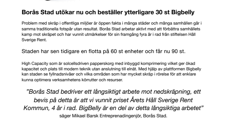 Borås Stad utökar och beställer ytterligare 30 st smarta papperskorgar från Bigbelly