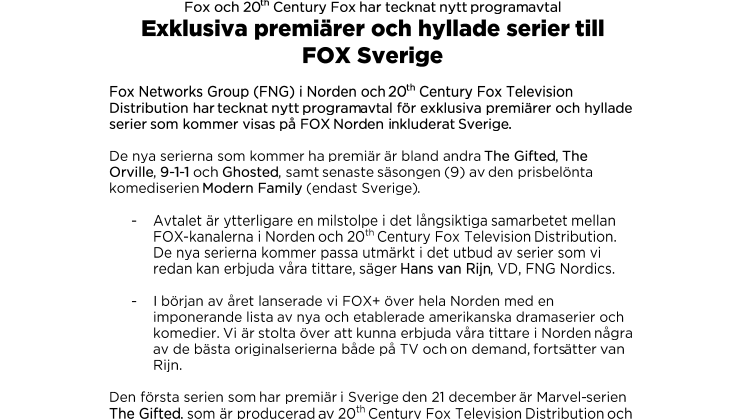 Exklusiva premiärer och hyllade serier till FOX Sverige - Fox och 20th Century Fox har tecknat nytt programavtal  