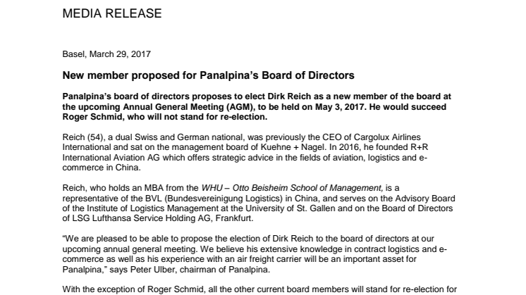 New member proposed for Panalpina’s Board of Directors