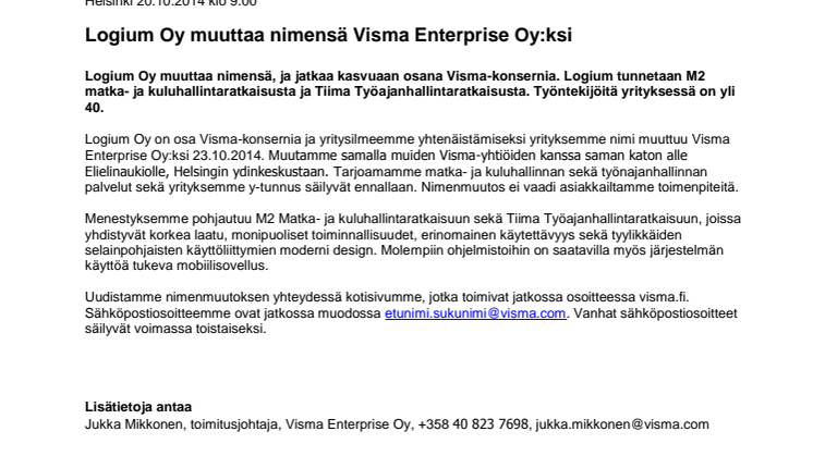 Logium Oy muuttaa nimensä Visma Enterprise Oy:ksi 