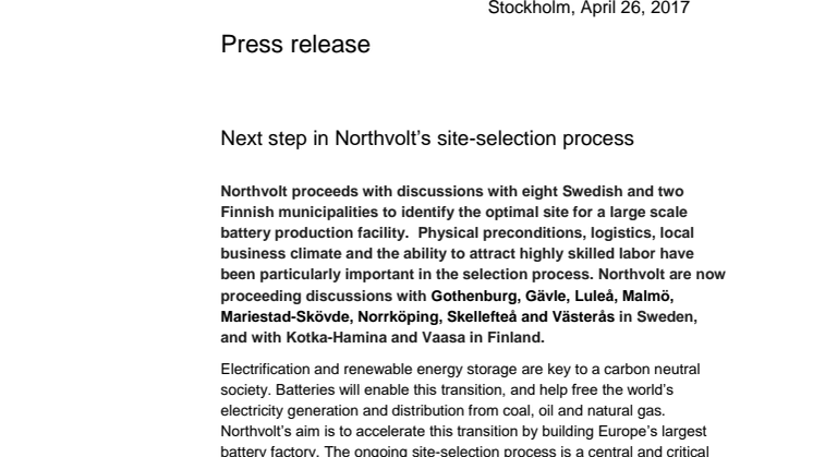 Next step in Northvolt’s site-selection process