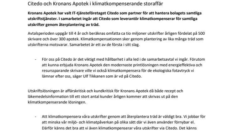 Citedo och Kronans Apotek i klimatkompenserande storaffär