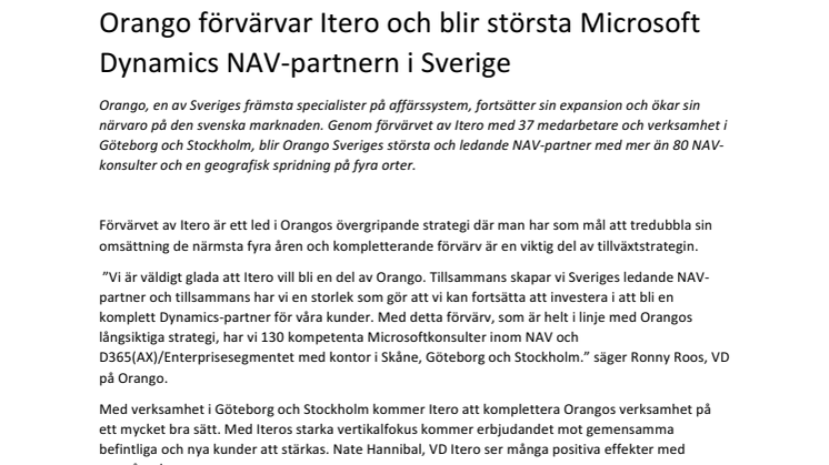 Orango förvärvar Itero och blir största Microsoft Dynamics NAV-partnern i Sverige