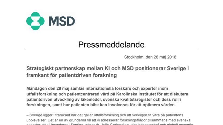 Strategiskt partnerskap mellan KI och MSD positionerar Sverige i framkant för patientdriven forskning