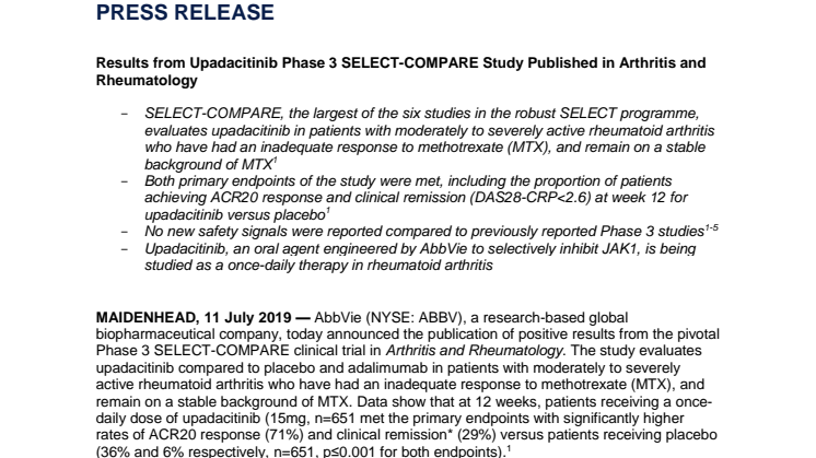 Results from Upadacitinib Phase 3 SELECT-COMPARE Study Published in Arthritis and Rheumatology 