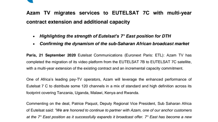Azam TV migrates services to EUTELSAT 7C with multi-year contract extension and additional capacity   