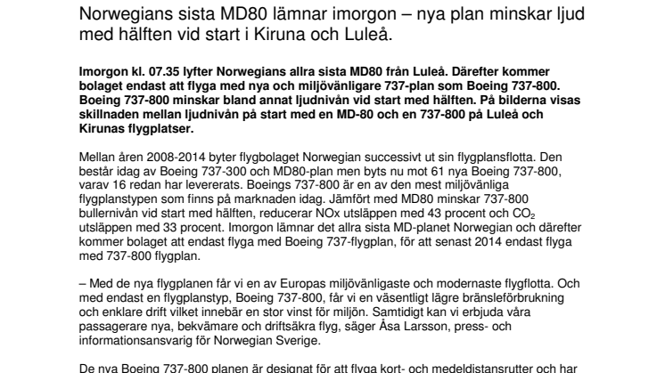 Norwegians sista MD80 lämnar imorgon – nya plan minskar ljud med hälften vid start i Kiruna och Luleå.