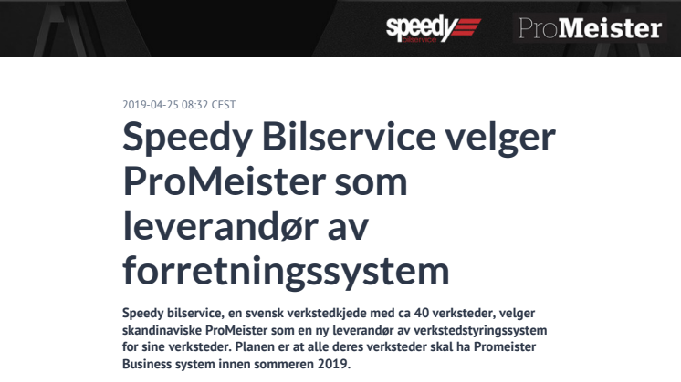 Speedy Bilservice velger ProMeister som leverandør av forretningssystem