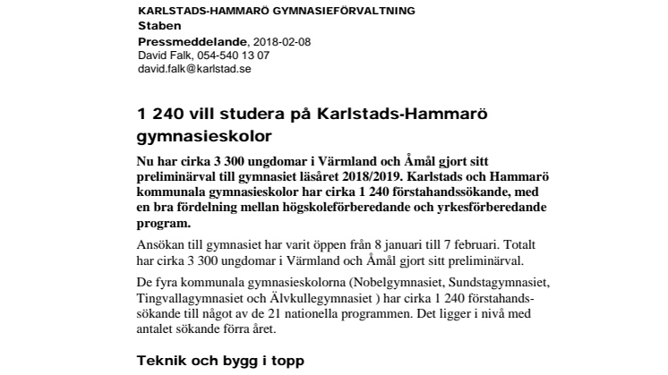 1 240 ungdomar vill studera på Karlstads-Hammarö gymnasieskolor