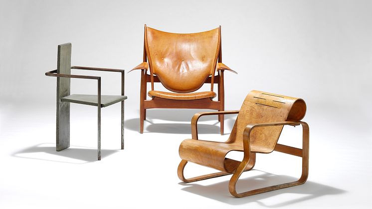 Jonas Bohlin’s Concrete Chair, Finn Juhl’s Chieftain Chair and Alvar Aalto’s Paimio Chair.