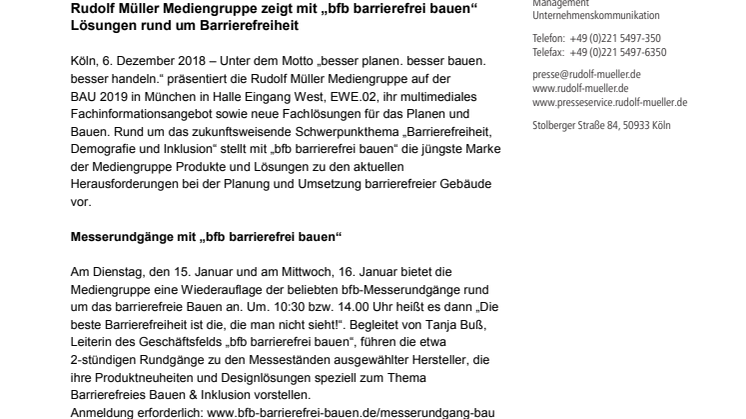 BAU 2019: Rudolf Müller Mediengruppe zeigt mit „bfb barrierefrei bauen“ Lösungen rund um Barrierefreiheit
