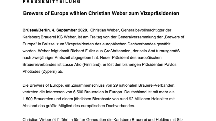  Brewers of Europe wählen Christian Weber zum Vizepräsidenten 