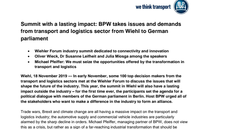 Summit with a lasting impact: BPW takes issues and demands from transport and logistics sector from Wiehl to German parliament