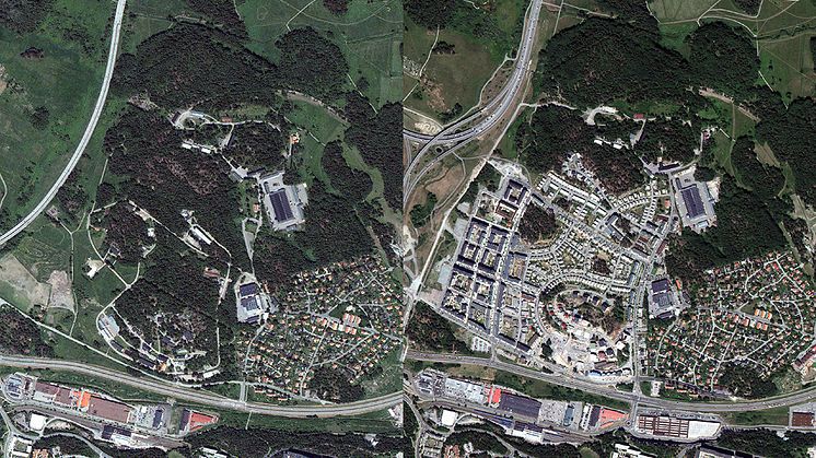 Ett exempel på hur det gröna Stockholm minskar. Här ser vi området runt Igelbäcken naturreservat i Stockholm, Sundbyberg och Solna kommun år 2003 och 2018.
